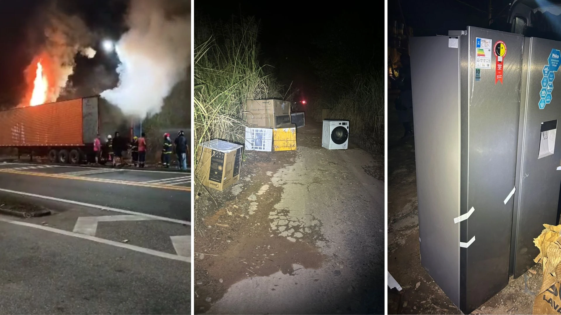 Carreta com eletrodomésticos pega fogo e carga é saqueada na BR-101, em Mimoso do Sul